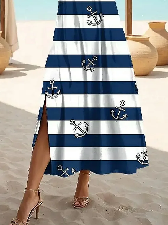 Women Striped V Neck Short Sleeve Comfy Casual Printing Maxi Dress