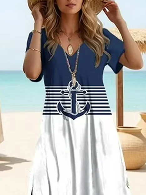 Women Anchor V Neck Short Sleeve Comfy Casual Printing Maxi Dress