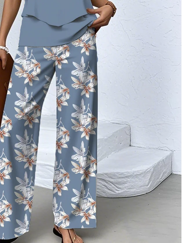 Women Floral Crew Neck Sleeveless Comfy Casual Top With Pants Two-Piece Set