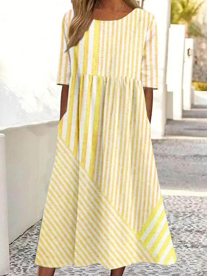 Women Striped Crew Neck Half Sleeve Comfy Casual Maxi Dress
