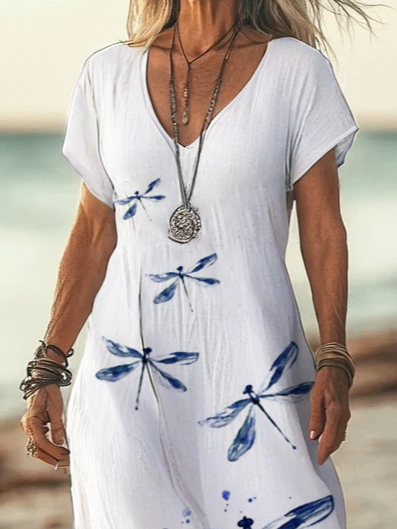 Women Dragonfly V Neck Short Sleeve Comfy Casual Printing Maxi Dress