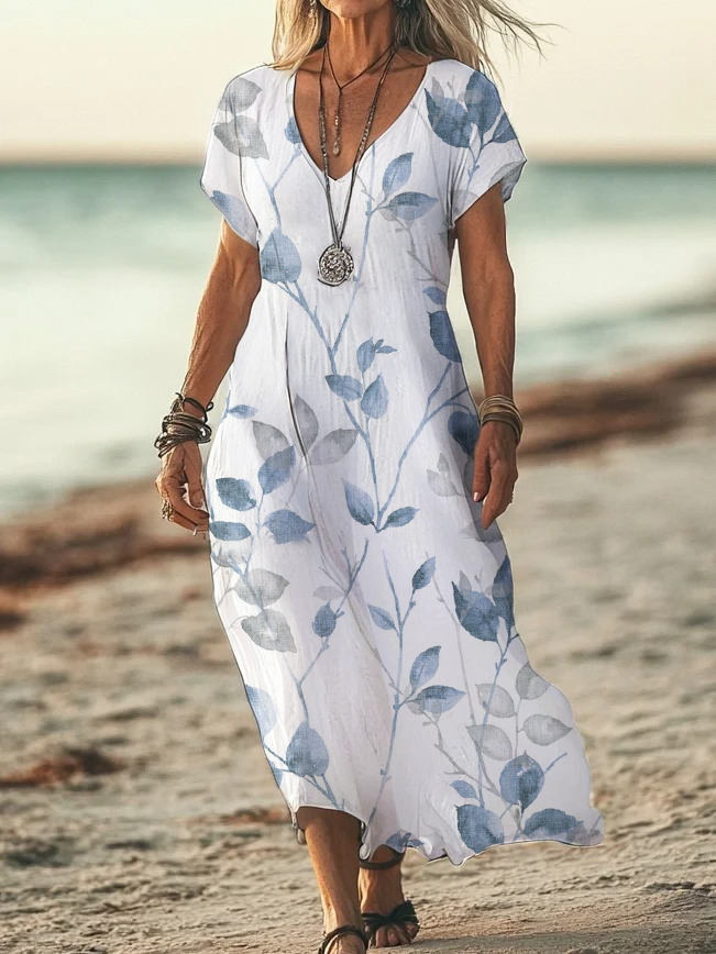 Women Floral V Neck Short Sleeve Comfy Casual Printing Maxi Dress