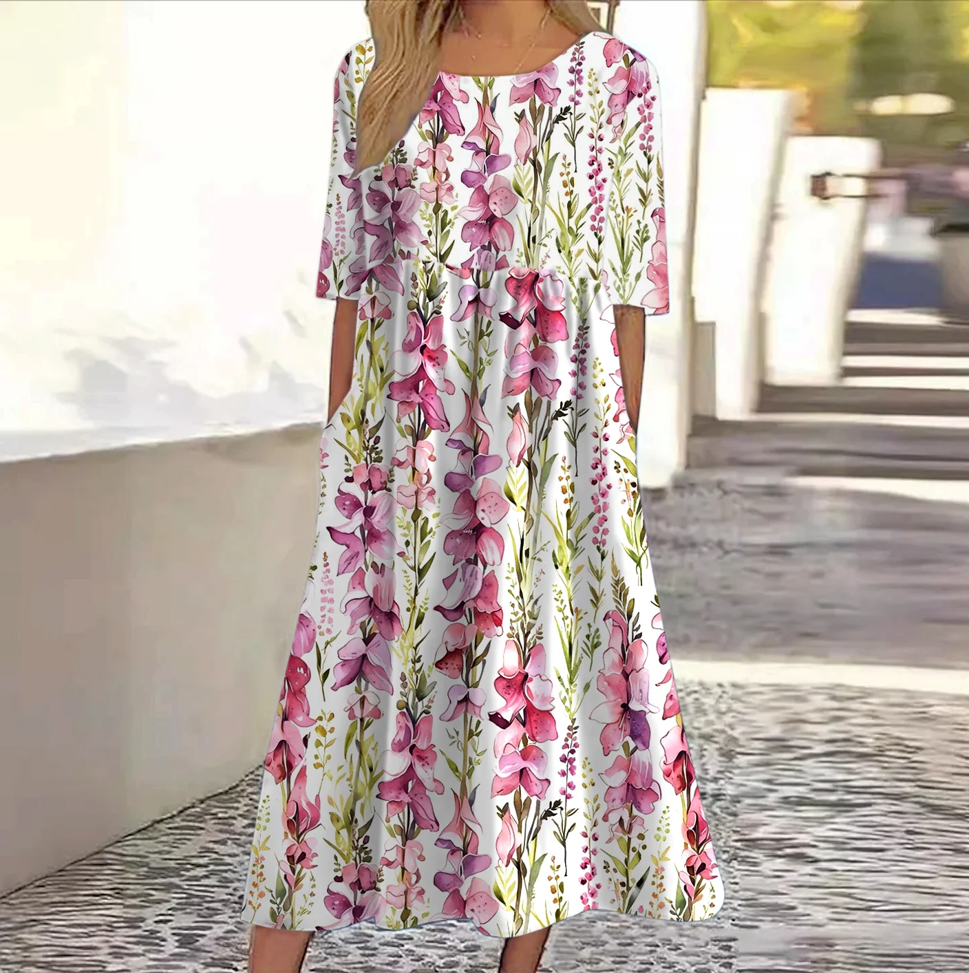 Women Floral Crew Neck Short Sleeve Comfy Casual Maxi Dress