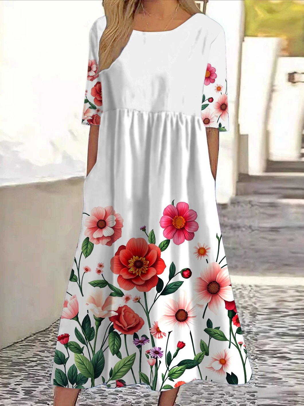 Women Floral Crew Neck Short Sleeve Comfy Casual Maxi Dress