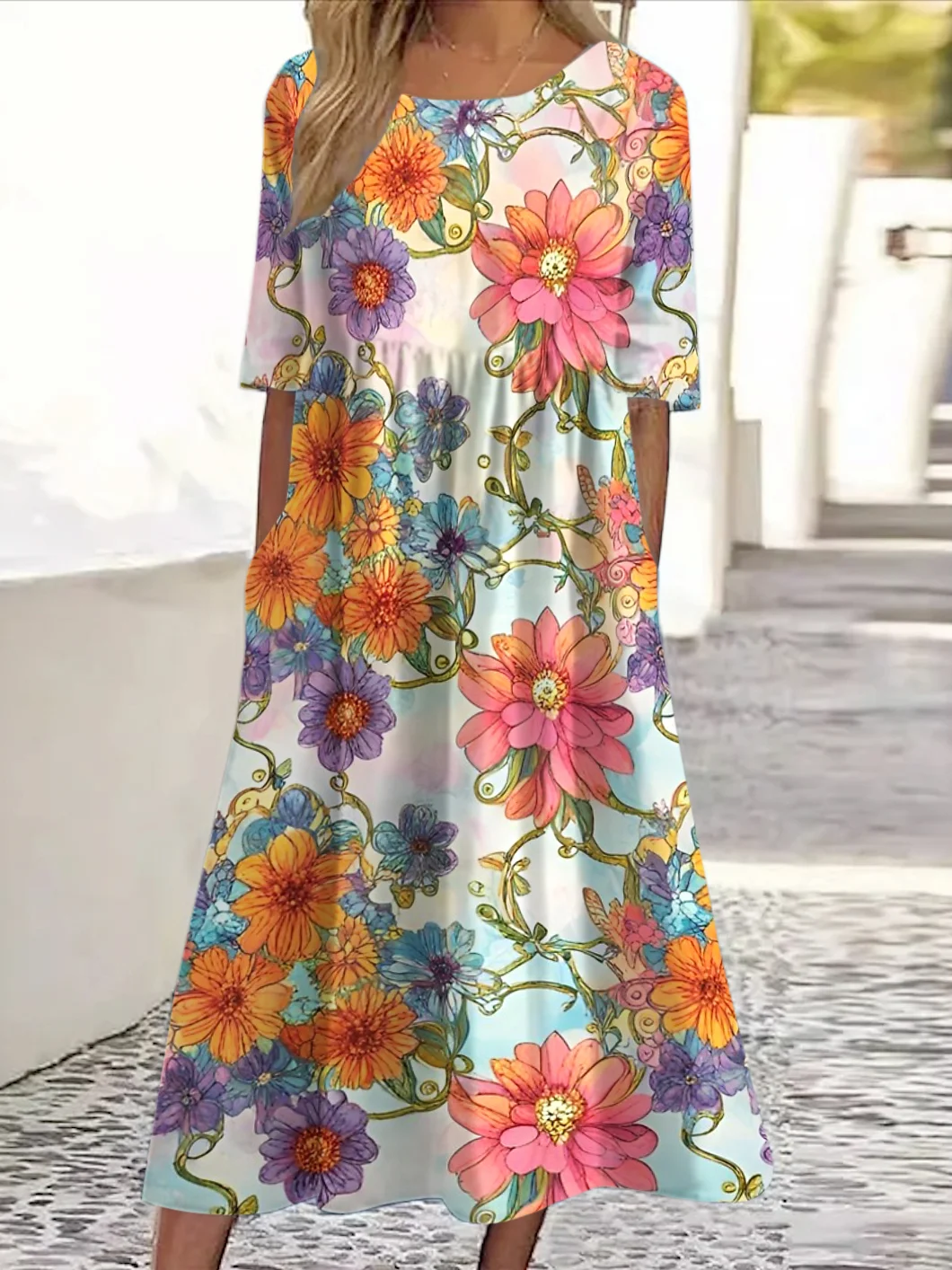 Women Floral Crew Neck Short Sleeve Comfy Casual Maxi Dress
