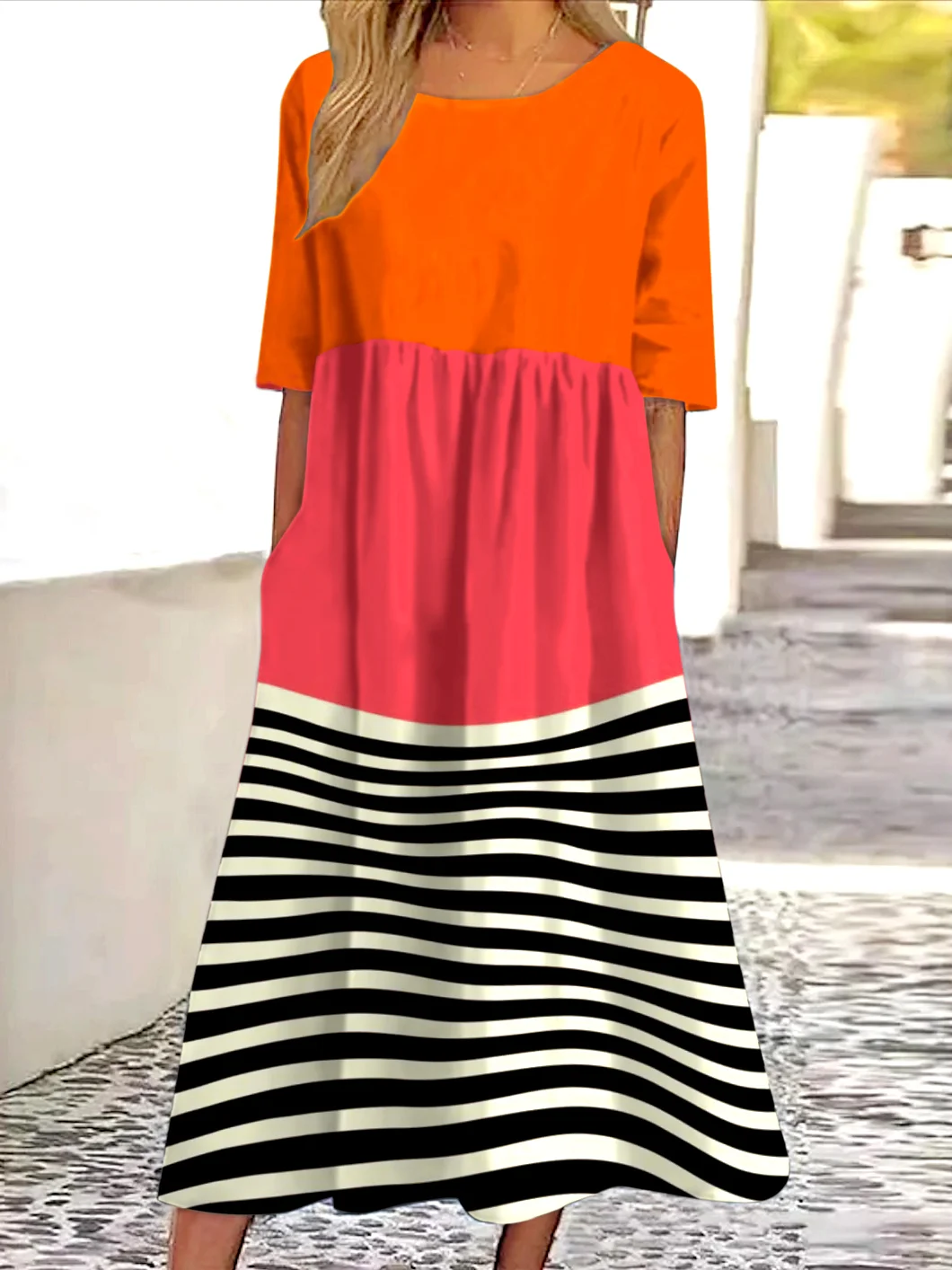 Women Geometric Crew Neck Short Sleeve Comfy Casual Maxi Dress