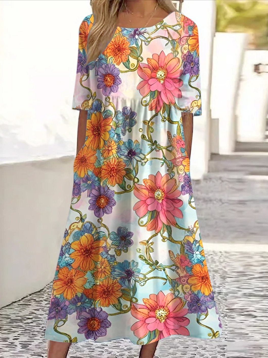 Women Floral Crew Neck Short Sleeve Comfy Casual Maxi Dress