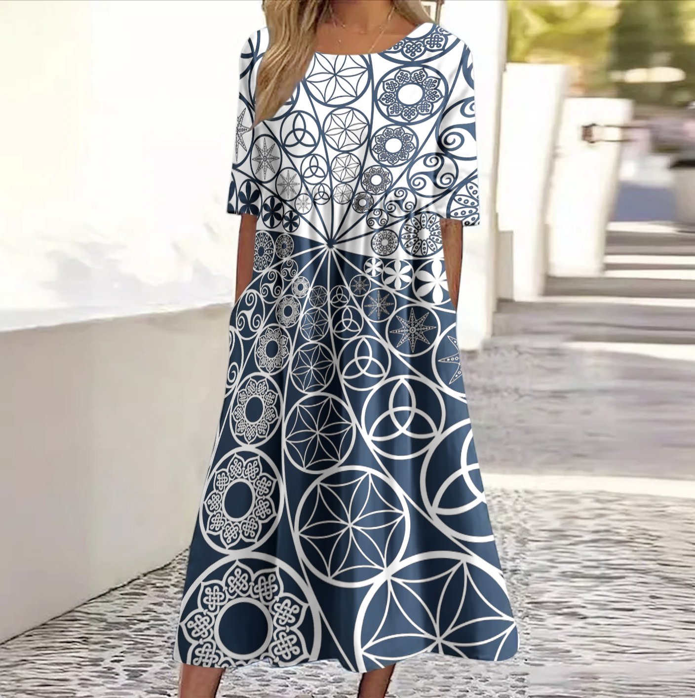Women Geometric Crew Neck Short Sleeve Comfy Casual Maxi Dress