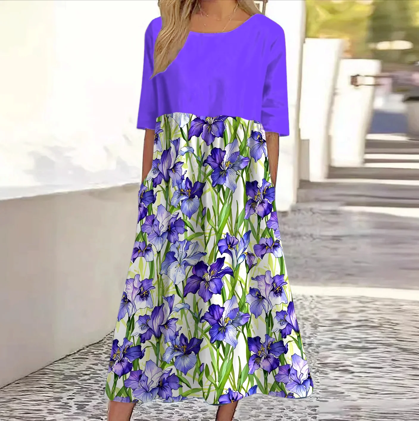 Women Floral Crew Neck Short Sleeve Comfy Casual Maxi Dress