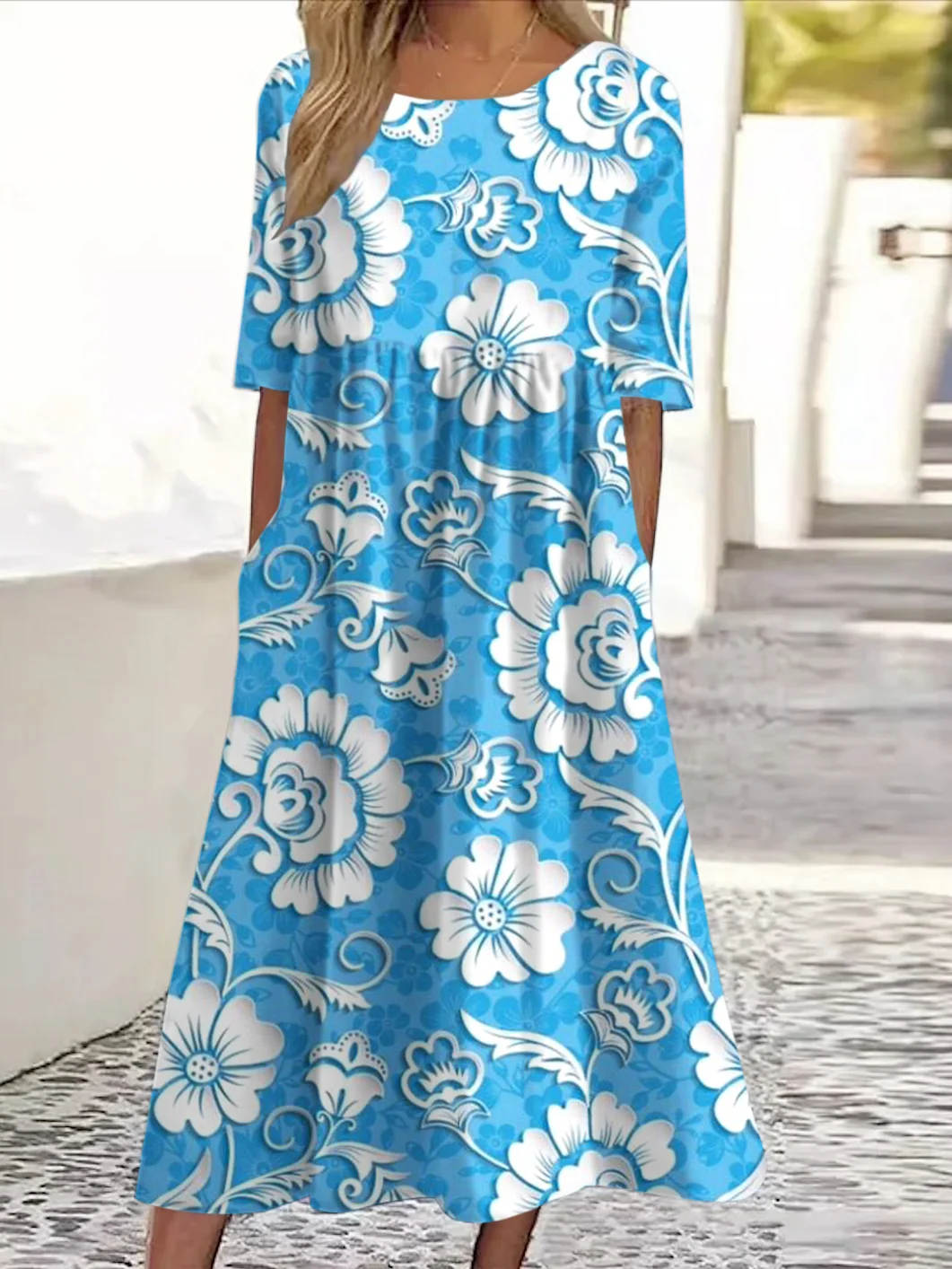 Women Floral Crew Neck Short Sleeve Comfy Casual Maxi Dress