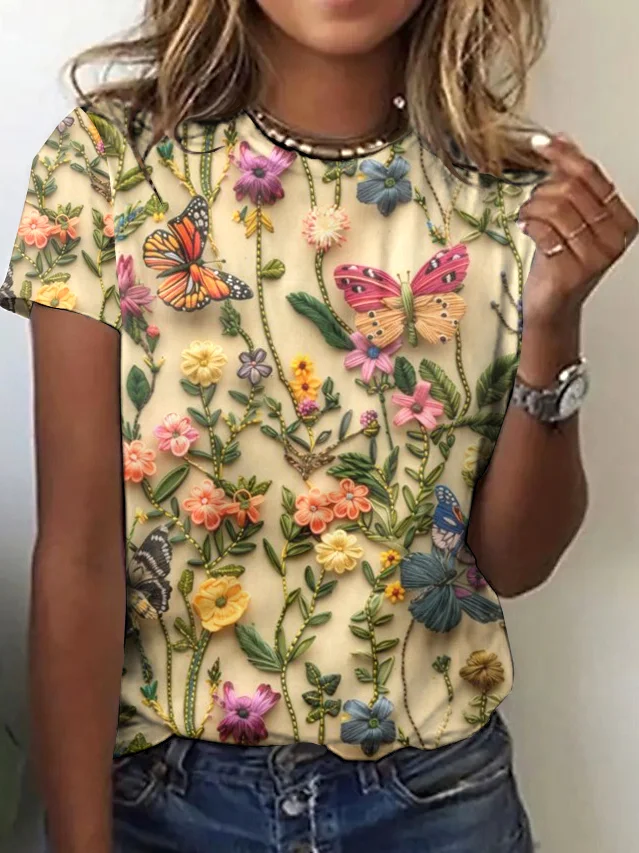 Casual Floral Crew Neck Short Sleeve T-shirt