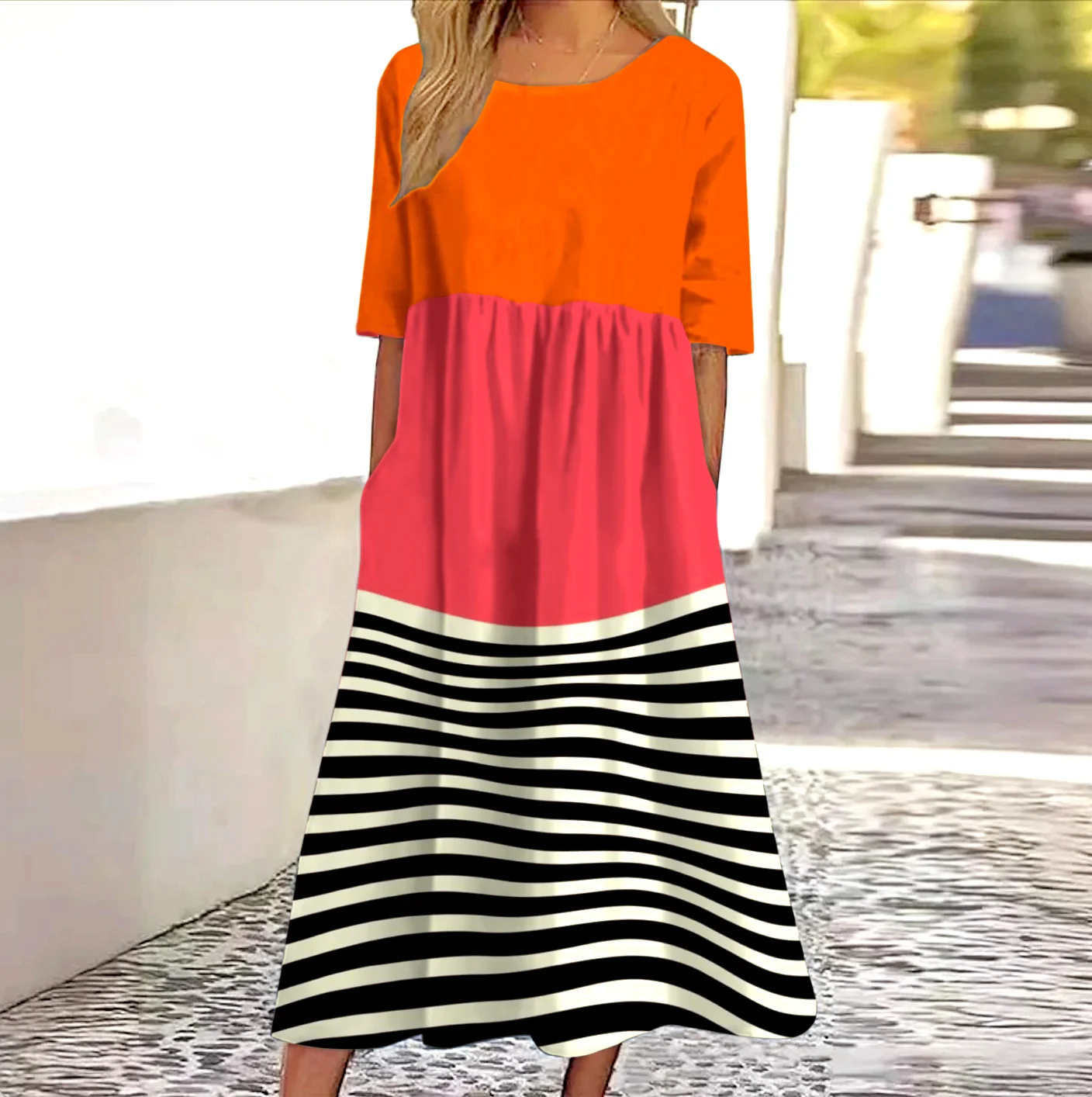Women Geometric Crew Neck Short Sleeve Comfy Casual Maxi Dress