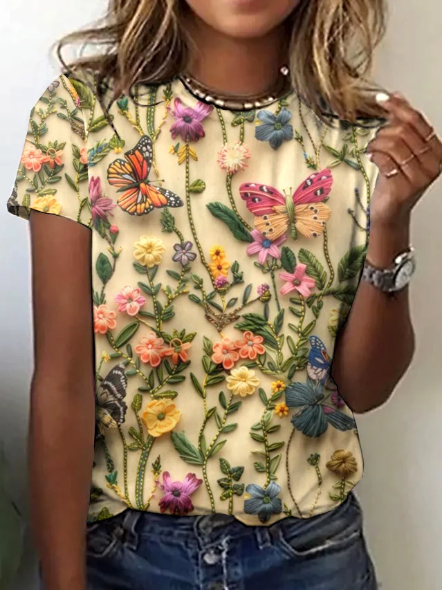 Casual Floral Crew Neck Short Sleeve T-shirt