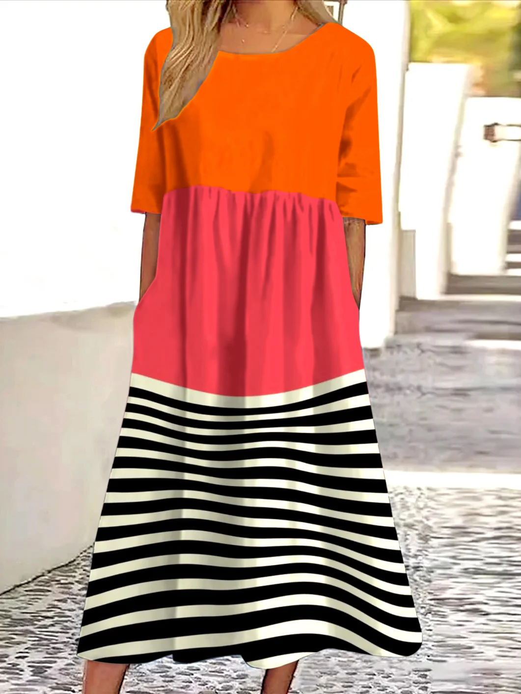 Women Geometric Crew Neck Short Sleeve Comfy Casual Maxi Dress