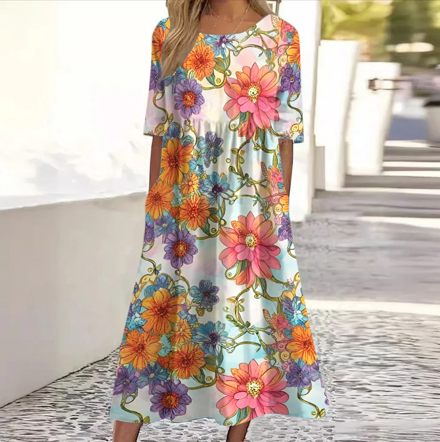 Women Floral Crew Neck Short Sleeve Comfy Casual Maxi Dress
