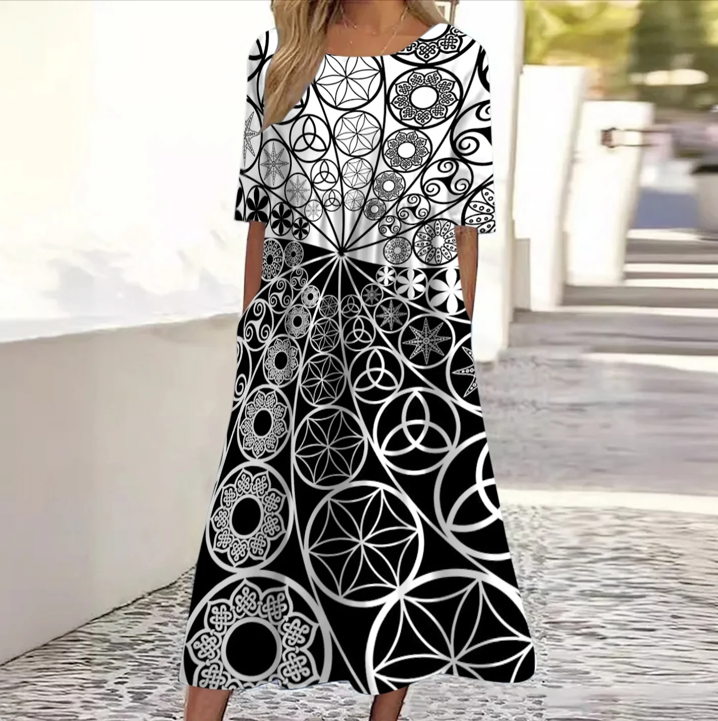 Women Geometric Crew Neck Short Sleeve Comfy Casual Maxi Dress