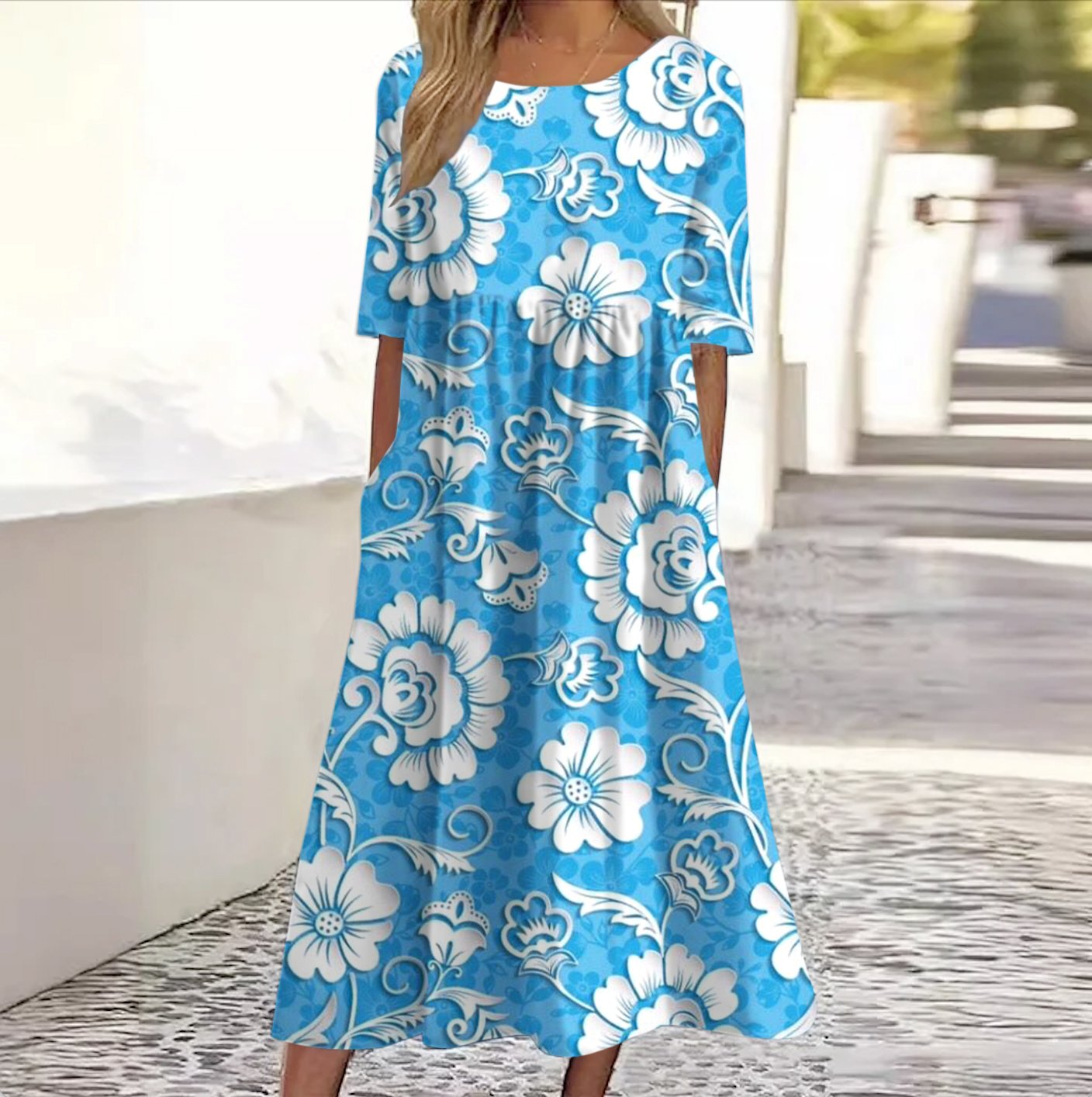 Women Floral Crew Neck Short Sleeve Comfy Casual Maxi Dress
