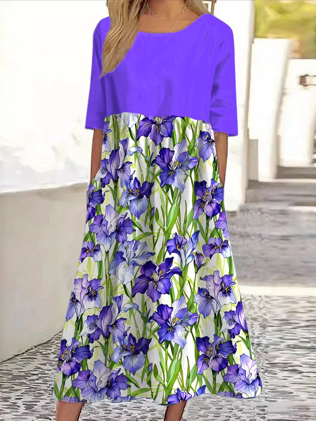 Women Floral Crew Neck Short Sleeve Comfy Casual Maxi Dress