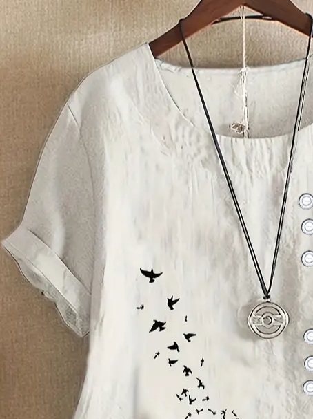 Crew Neck Short Sleeve Floral Printing Regular Micro-Elasticity Loose Shirt For Women