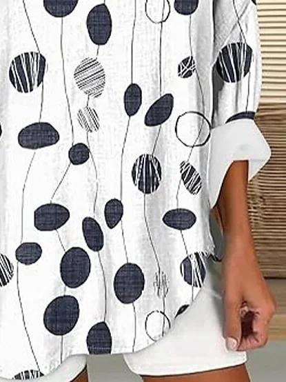 V Neck Long Sleeve Abstract Polka Dots Printing Regular Loose Blouse For Women