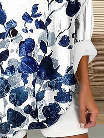 V Neck Long Sleeve Floral Printing Regular Loose Blouse For Women