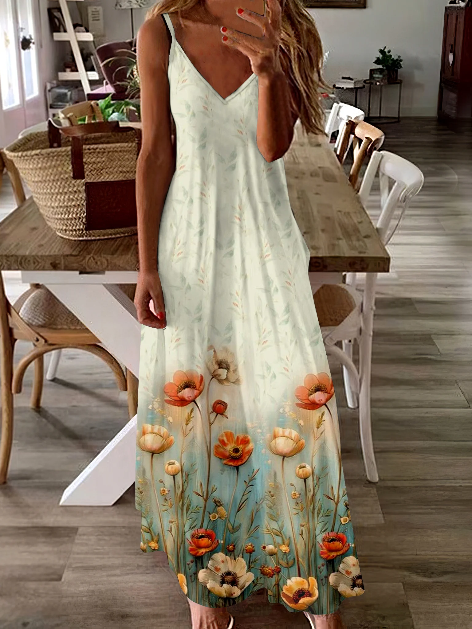 Women Floral Spaghetti Sleeveless Comfy Casual Maxi Dress