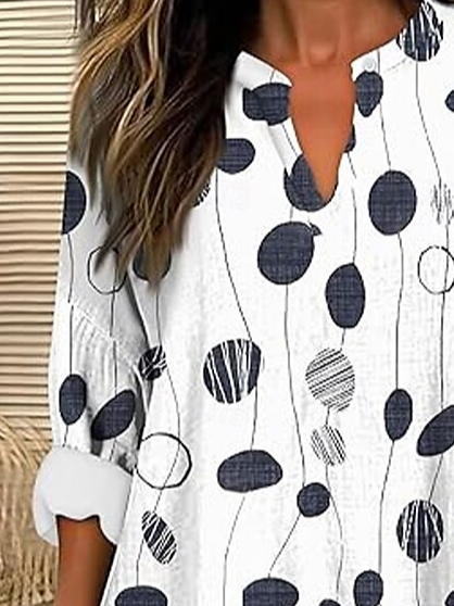 V Neck Long Sleeve Abstract Polka Dots Printing Regular Loose Blouse For Women