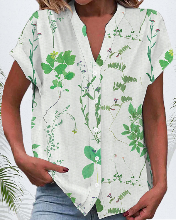 V Neck Short Sleeve Floral Buckle Regular Micro-Elasticity Regular Fit Button Up Shirt Shirt For Women
