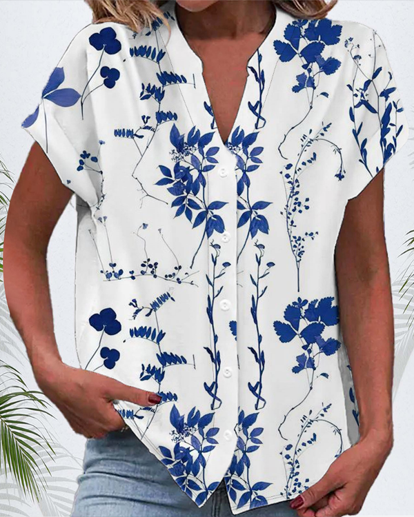 V Neck Short Sleeve Floral Buckle Regular Micro-Elasticity Regular Fit Button Up Shirt Shirt For Women