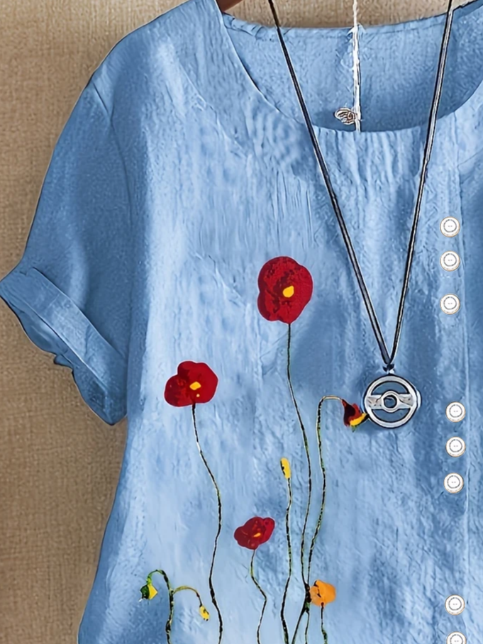 Crew Neck Short Sleeve Floral Printing Regular Micro-Elasticity Loose Shirt For Women