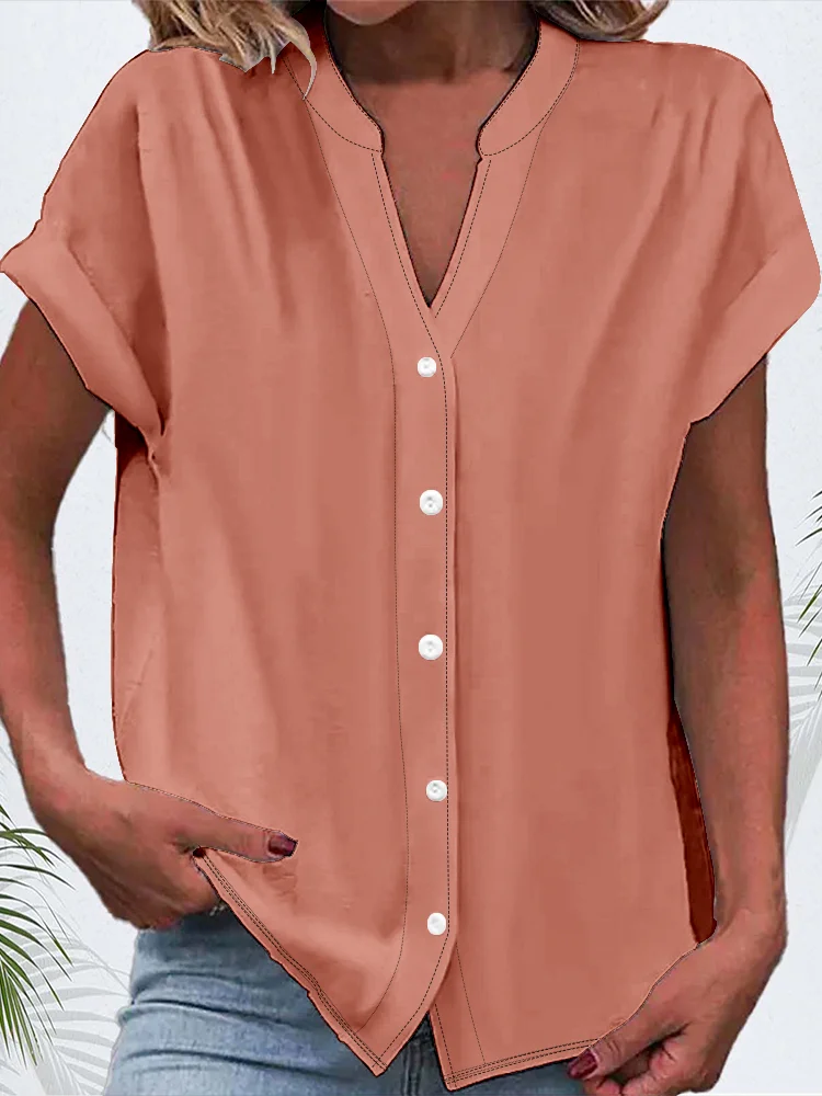 V Neck Short Sleeve Plain Buckle Regular Micro-Elasticity Regular Fit Button Up Shirt Shirt For Women