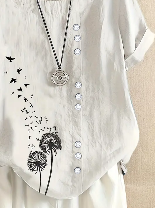 Crew Neck Short Sleeve Floral Printing Regular Micro-Elasticity Loose Shirt For Women