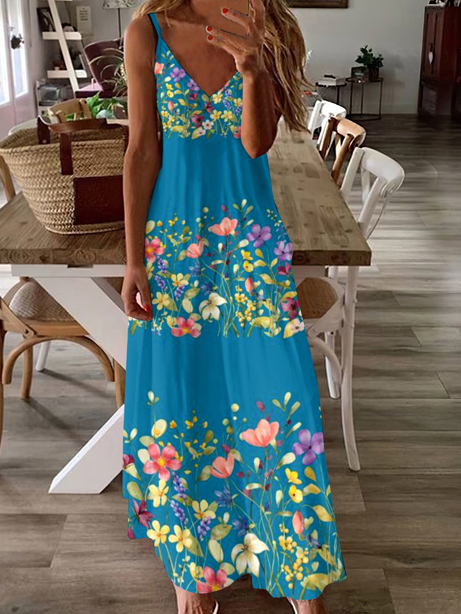 Women Floral Spaghetti Sleeveless Comfy Casual Maxi Dress