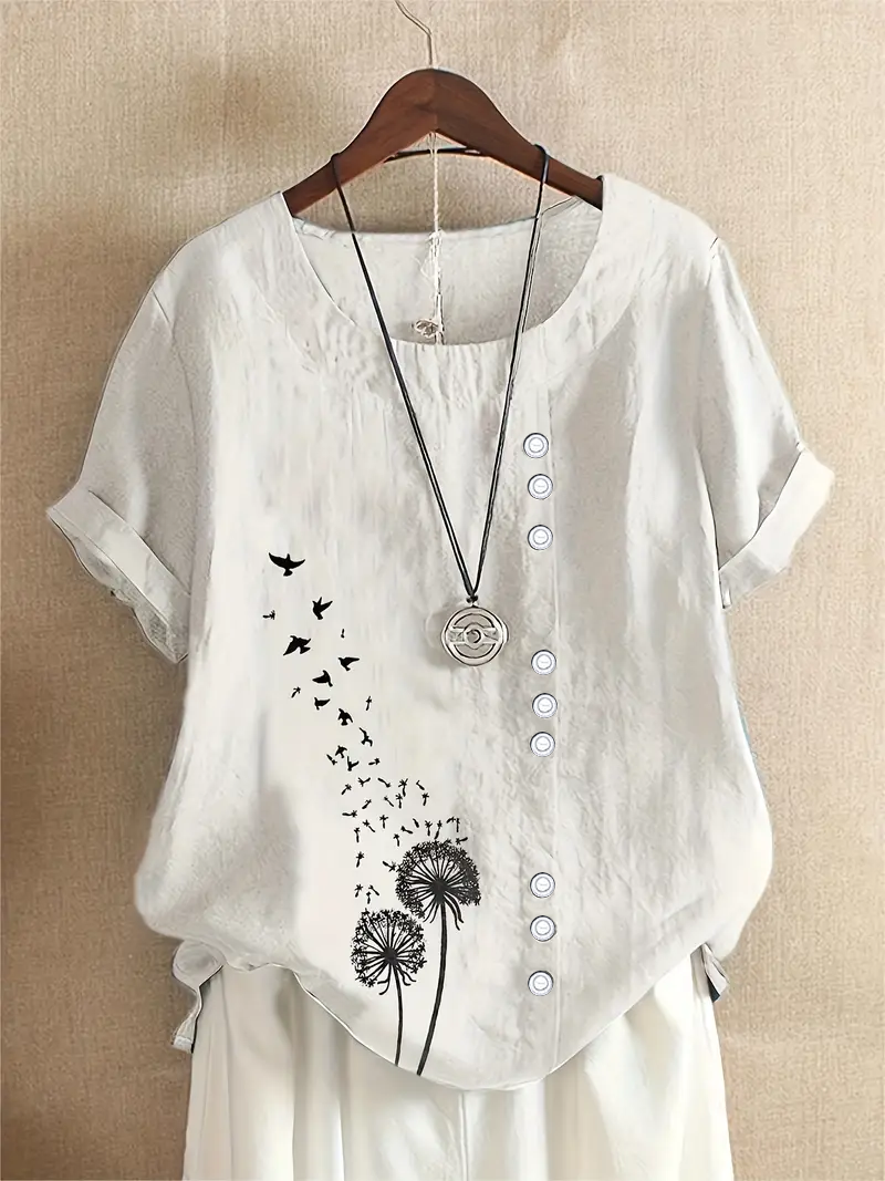 Crew Neck Short Sleeve Floral Printing Regular Micro-Elasticity Loose Shirt For Women