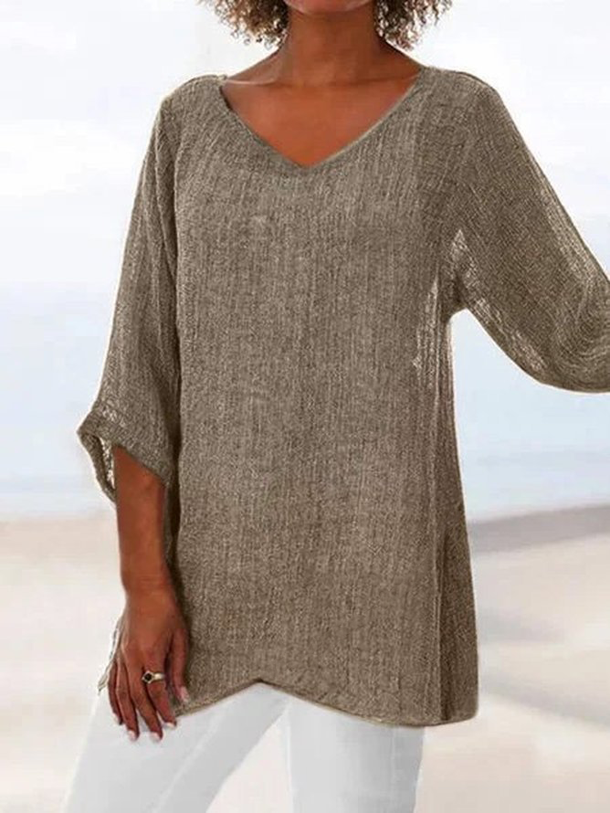 V Neck Short Sleeve Plain Regular Loose Shirt For Women