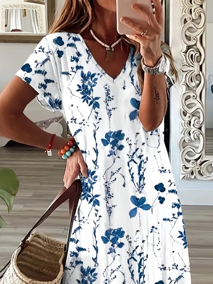 Women Floral V Neck Short Sleeve Comfy Casual Printing Maxi Dress