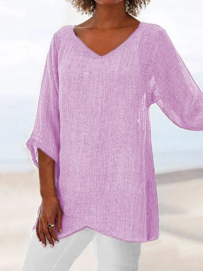 V Neck Short Sleeve Plain Regular Loose Shirt For Women