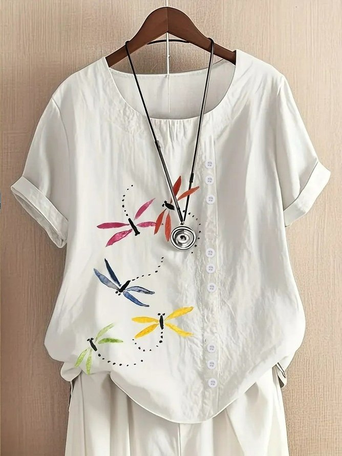 Crew Neck Half Sleeve Dragonfly Regular Regular Fit Blouse For Women