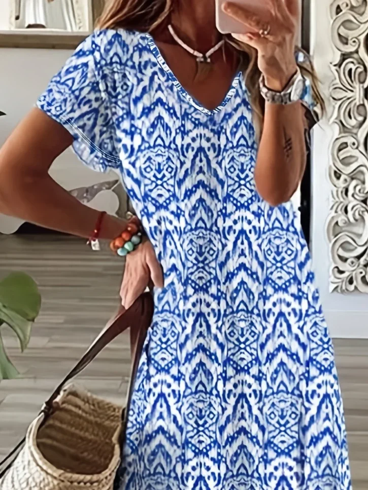 Women Geometric V Neck Short Sleeve Comfy Casual Printing Maxi Dress