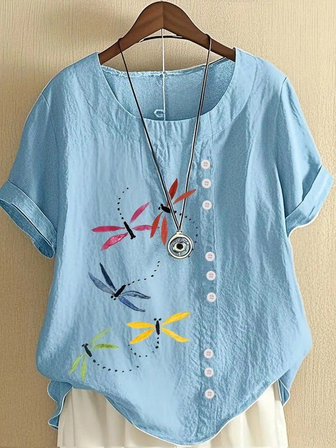 Crew Neck Half Sleeve Dragonfly Regular Regular Fit Blouse For Women