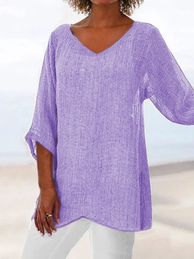 V Neck Short Sleeve Plain Regular Loose Shirt For Women