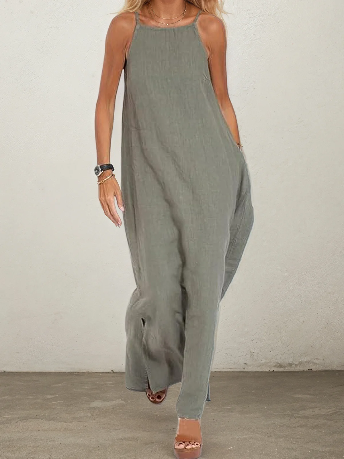 Women Plain Square Neck Sleeveless Comfy Vacation Pocket Stitching Maxi Dress