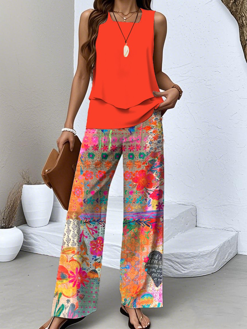 Women Floral Two-Piece Set Daily Sleeveless Casual Summer Top With Pants Matching Set