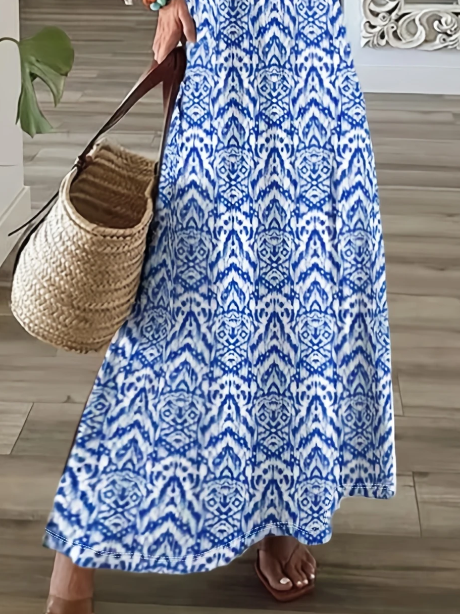 Women Geometric V Neck Short Sleeve Comfy Casual Printing Maxi Dress