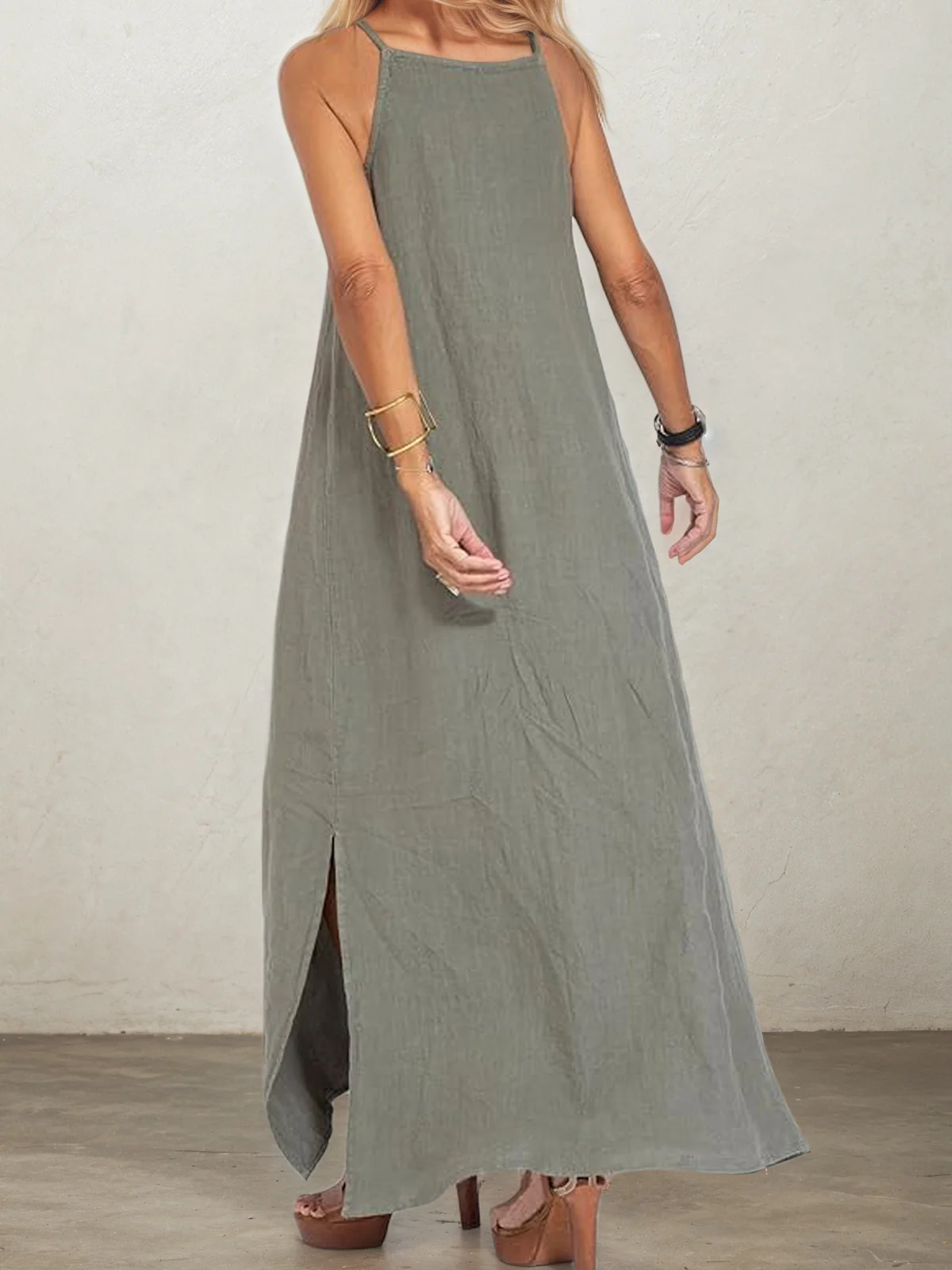 Women Plain Square Neck Sleeveless Comfy Vacation Pocket Stitching Maxi Dress