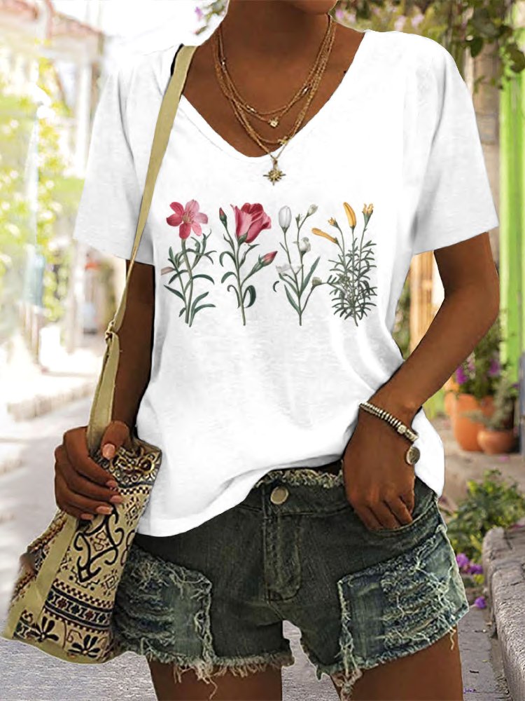 Casual Floral V Neck Short Sleeve T-shirt