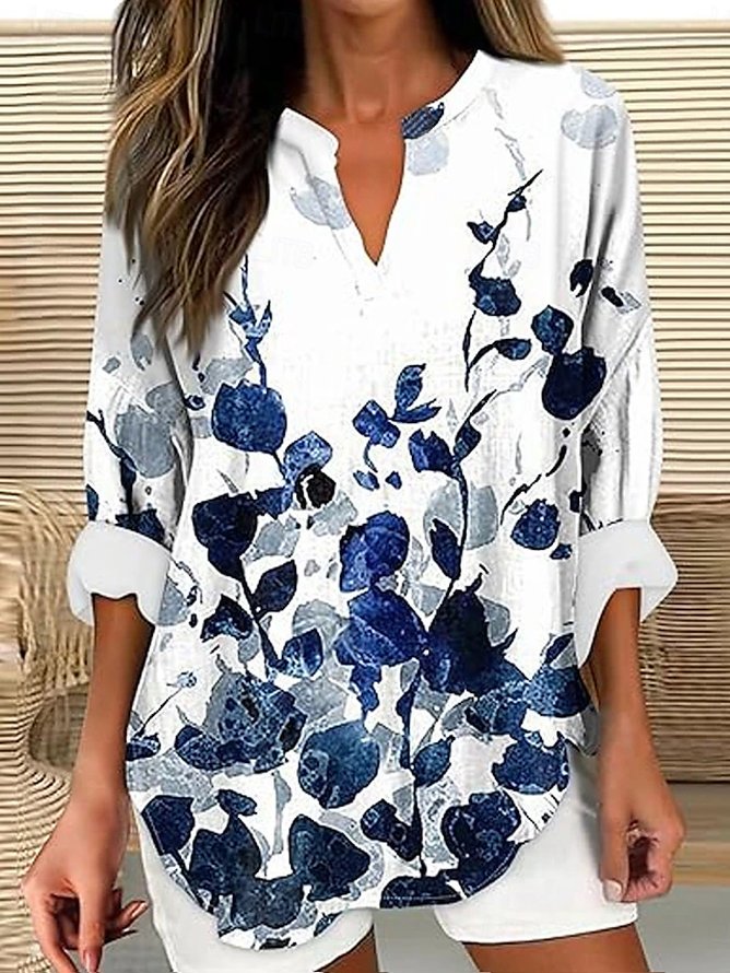 V Neck Long Sleeve Floral Printing Regular Loose Blouse For Women