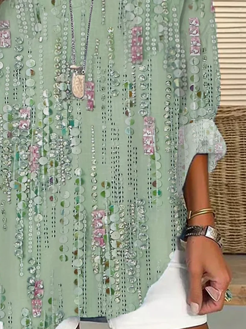 V Neck Long Sleeve Striped Printing Regular Loose Blouse For Women