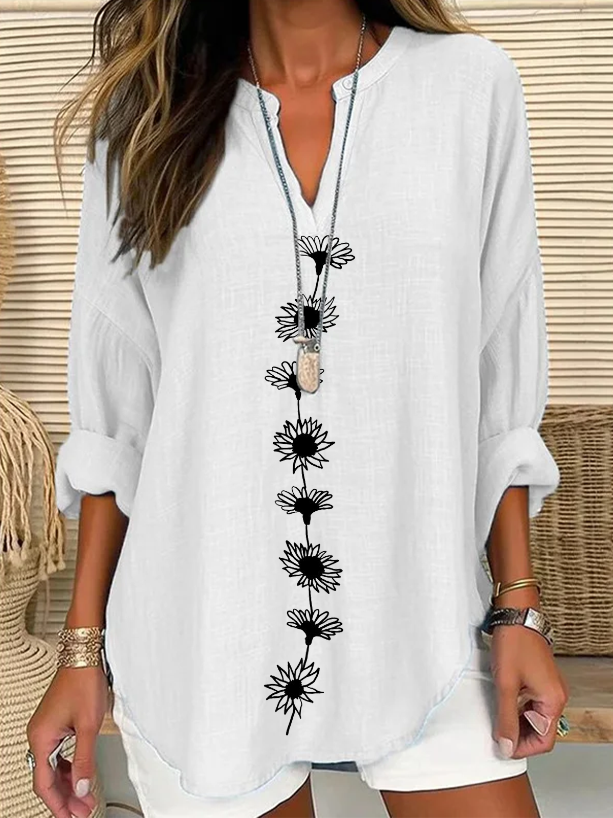 V Neck Long Sleeve Floral Printing Regular Loose Blouse For Women