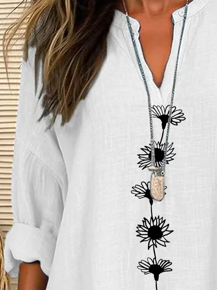 V Neck Long Sleeve Floral Printing Regular Loose Blouse For Women